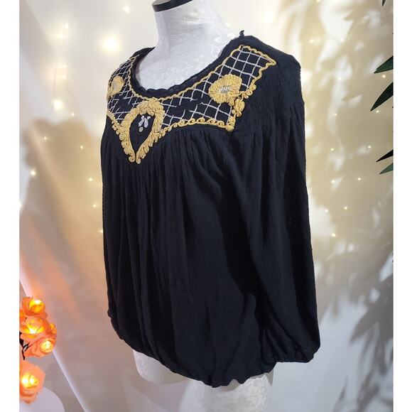 Free People Begonia Embroidered Black Flowy Boho Top Womens Size M Gold Hippie - Picture 5 of 12